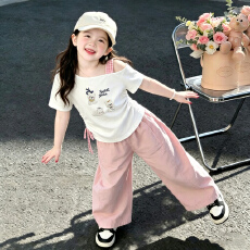 批发【三只小狗】女童<b class='q'>夏</b>季套<b class='q'>装</b>新款宝宝白色短袖休闲粉色裤子夏两件套