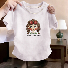 批发【漂亮女孩】夏季<b class='q'>女</b><b class='q'>童</b>仿刺绣短袖印花<b class='q'>上衣</b>中大童韩版拉褶设计T恤