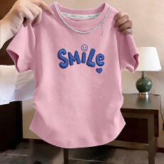 批发【smile】夏季<b class='q'>女</b><b class='q'>童</b>仿刺绣短袖印花<b class='q'>上衣</b>中大童韩版拉褶设计感T恤