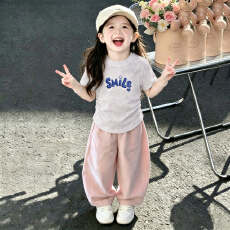 批发【smile微笑】中大童<b class='q'>女</b><b class='q'>童</b>夏季套装新款短袖休闲粉色裤子夏两件套