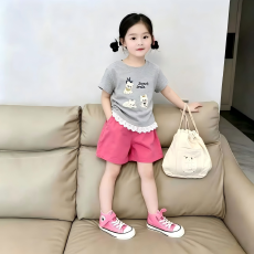 三只小狗女童夏季T恤套装2026蕾丝边短袖+粉色短裤儿童两件套