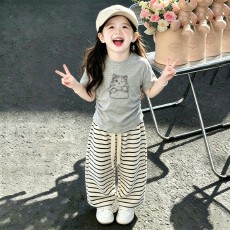 批发眨眼猫<b class='q'>女</b><b class='q'>童</b>夏季<b class='q'>套装</b>新款宝宝灰色短袖休闲条纹裤子夏装两件套