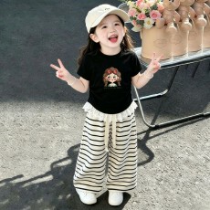 批发【漂亮女孩】<b class='q'>女</b><b class='q'>童</b>夏季<b class='q'>套装</b>新款宝宝蕾丝短袖休闲条纹裤子两件套