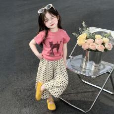 批发ins风可爱<b class='q'>女</b><b class='q'>童</b>夏季卡通印花T恤波点阔腿裤两件套宝宝韩系潮