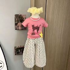 批发ins风可爱<b class='q'>女</b><b class='q'>童</b>夏季卡通印花T恤波点阔腿裤两件套宝宝韩系潮
