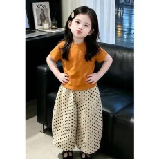 批发ins风超萌<b class='q'>女</b><b class='q'>童</b>短袖套装夏季新款短袖T恤波点休闲裤两件套