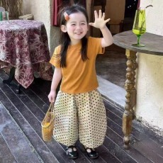 批发<b class='q'>女</b><b class='q'>童</b>可爱纯色短袖T恤套装新款小女孩休闲长裤两件套<b class='q'>童装</b>