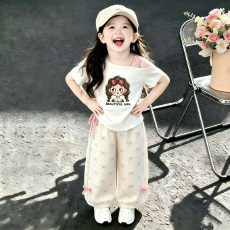 批发[漂亮女孩]可爱女童短袖T恤夏季新款儿童露肩上衣粉色休闲裤<b class='q'>套装</b>