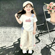 批发【happy兔】可爱女童短袖T恤夏季新款儿童露肩上衣粉色休闲裤<b class='q'>套装</b>