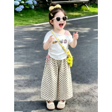 批发女童套装<b class='q'>夏</b>季新款韩版卡通露肩短袖T恤波点裤两件套宝宝洋气穿搭