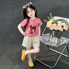 批发女童<b class='q'>夏</b>季套新款韩系粉色卡通短袖波点短<b class='q'>裤</b>两件套宝宝夏<b class='q'>装</b>洋气童<b class='q'>装</b>
