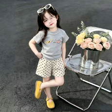 批发韩系女宝夏<b class='q'>装</b>两件套儿童卡通猫咪短袖+波点阔腿短<b class='q'>裤</b>网红休闲套<b class='q'>装</b>