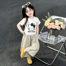 批发女童<b class='q'>爆款</b><b class='q'>套装</b>夏季新款卡通可爱条短袖洋气印花<b class='q'>T</b><b class='q'>恤</b>波点<b class='q'>裤</b>两件套潮