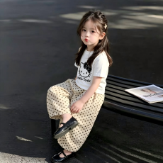 批发女童<b class='q'>套</b><b class='q'>装</b>夏季新款爆款卡通可爱条短袖洋气印花<b class='q'>T</b><b class='q'>恤</b>波点<b class='q'>裤</b>两件套潮