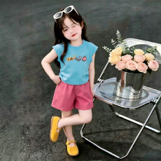 批发韩系网红女宝<b class='q'>夏</b>装两件套可爱猫咪印花小飞袖T恤粉色短裤透气<b class='q'>套装</b>