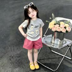 批发ins风<b class='q'>女</b><b class='q'>童</b><b class='q'>夏季</b><b class='q'>小狗</b><b class='q'>T</b>恤<b class='q'>套装</b>新款蕾丝边短袖+粉色短裤中<b class='q'>大</b><b class='q'>童</b>两件套