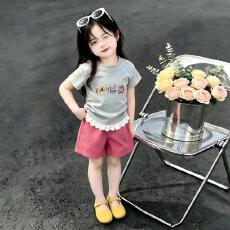 批发<b class='q'>女</b><b class='q'>童</b><b class='q'>夏季</b><b class='q'>猫咪</b><b class='q'>T</b>恤<b class='q'>套装</b>蕾丝边新款短袖t恤+粉色短裤中<b class='q'>大</b><b class='q'>童</b>两件套ins