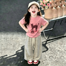 批发ins风甜美<b class='q'>童</b>装中<b class='q'>大</b><b class='q'>童</b>卡通印花上衣+条纹休闲裤宝宝夏装爆款<b class='q'>套装</b>潮