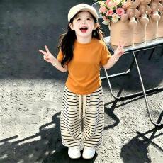 批发<b class='q'>女</b><b class='q'>童</b><b class='q'>童装</b>中大童纯色卡通印花上衣+条纹休闲裤宝宝夏装爆款套装潮