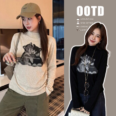 批发现！大版型孕妇打底衫秋冬新款韩系猫咪印花长袖半高领修身针织衫