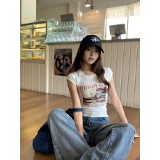 批发美式复古印花插肩短袖T恤女夏季新款甜辣妹修身显瘦气质减龄上衣
