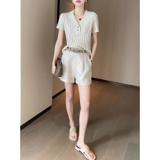 批发杏色polo领短袖针织t恤女2026年夏新款老钱风休闲修身上衣