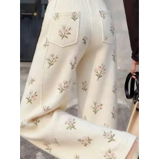 批发甜美少女风印花<b class='q'>休闲裤</b>女2026冬高腰宽松直筒阔腿裤设计感米白<b class='q'>色</b>