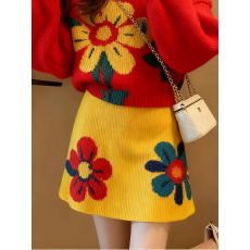 批发2026新款多巴胺撞色花朵提花毛衣套装女春季慵懒风减龄两件套