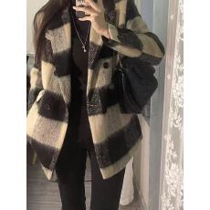 批发欢简韵韩版格子毛呢西装外套女装秋冬赫本风复古气质呢子开衫ins