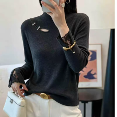 批发淑女风半高领<b class='q'>镂空</b>蕾丝拼接针织打底衫女纯色显瘦百搭毛衣