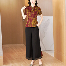 批发夏季新款中年<b class='q'>妈妈装</b>改良旗袍复古提花<b class='q'>时尚</b>修身两件套装