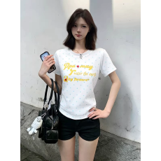 批发40支酷丝棉螺纹210克】美式波点字母<b class='q'>印花</b>短袖T恤女款