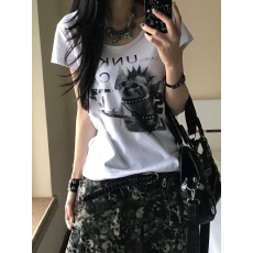 批发美式辣妹猫咪<b class='q'>印花</b>斜领正肩短袖t恤女