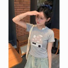 批发美式复古灰色<b class='q'>印花</b> T 恤 修身辣妹短款夏季短袖上衣