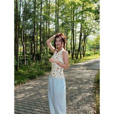 批发内里+拉链】 韩系甜美波点荡领挂脖无袖吊带