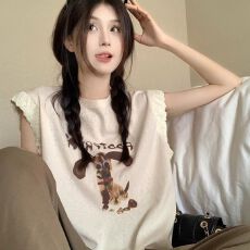 批发美式复古印花短袖女t恤夏新款宽松小众正肩小飞袖上衣
