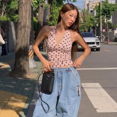 批发法式甜妹波点V领显瘦挂脖吊带百搭修身打底背心夏