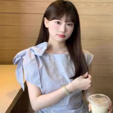 盐系蓝色条纹蝴蝶结2025条纹衬衫夏季新款别致设计褶皱衬衣上衣女