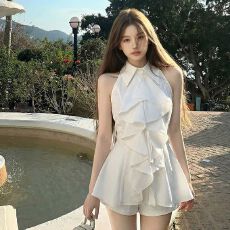 批发荷叶边无袖衬衫上衣女夏法式气质中长款收腰修身衬衣