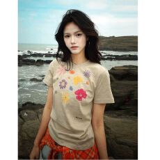 批发美式多巴胺花朵设计感短袖T恤春夏新款百搭减龄洋气上衣
