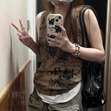 批发美式<b class='q'>街头</b>风背心吊带女复古感印花修身无袖上衣