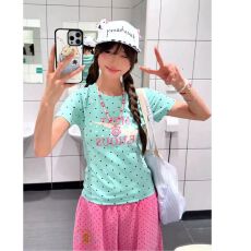 批发美式波点字母印花短袖T恤<b class='q'>女</b><b class='q'>童</b>夏季2026新款修身显瘦学生正肩上衣