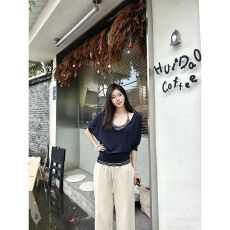 批发藏青色V领宽松<b class='q'>中袖</b>T恤罩衫条纹挂脖背心叠穿真两件套上衣夏