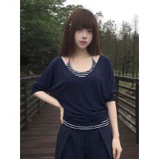 批发辣妹风宽松<b class='q'>中袖</b>T恤女夏条纹挂脖背心真两件叠穿慵懒风上衣