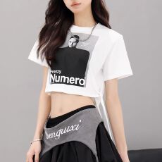 批发美式人像印花短款绑带露脐短袖T恤女修身<b class='q'>打底衫</b>