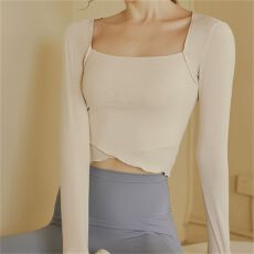 批发交叉露脐瑜伽服女长袖紧身舞蹈跑步训练运动<b class='q'>t</b><b class='q'>恤</b>上衣普拉提健身服