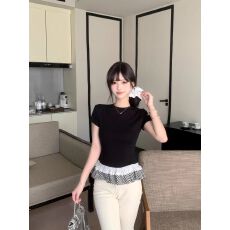 批发辣妹黑色荷叶边拼接短袖T恤女夏季圆领<b class='q'>打底衫</b>上衣