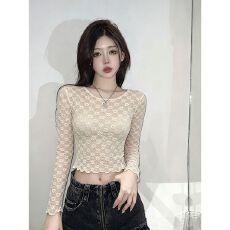 批发辣妹镂空网纱长袖T恤女纯欲性感修身显瘦正肩蕾丝<b class='q'>打底衫</b>上衣