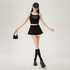 批发设计感蕾丝花边拼接<b class='q'>半身裙</b>女夏季灰色<b class='q'>百褶裙</b>小个子防走光黑色短裙