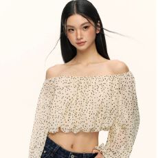 批发法式气质复古波点一字肩<b class='q'>长袖</b><b class='q'>衬衣</b>女夏季独特别致时尚露肩<b class='q'>衬衫</b>上衣